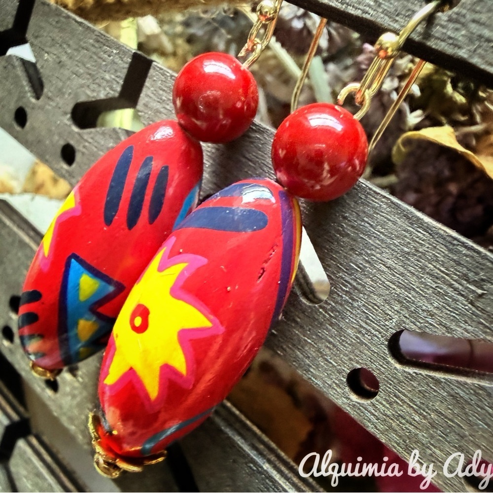 Coral Statement Earrings – Patterned Oval Drops & Red Beads